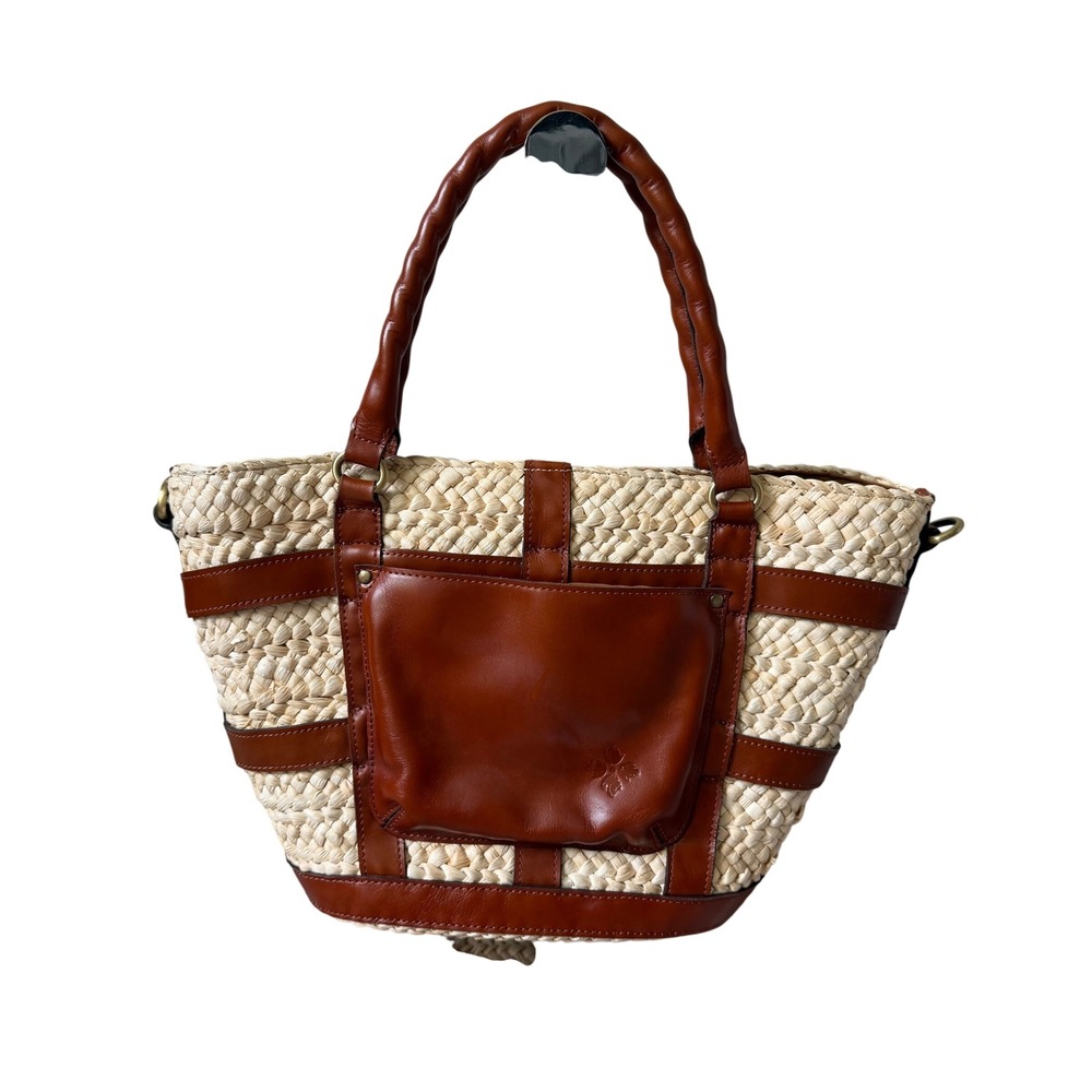 Patricia Nash Woven Straw Tote  Leather Cage Trim Brown Tan Medium